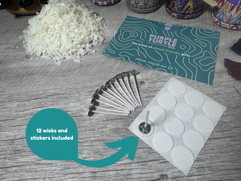 Candle wicks and adhesive stickers included in the gift set