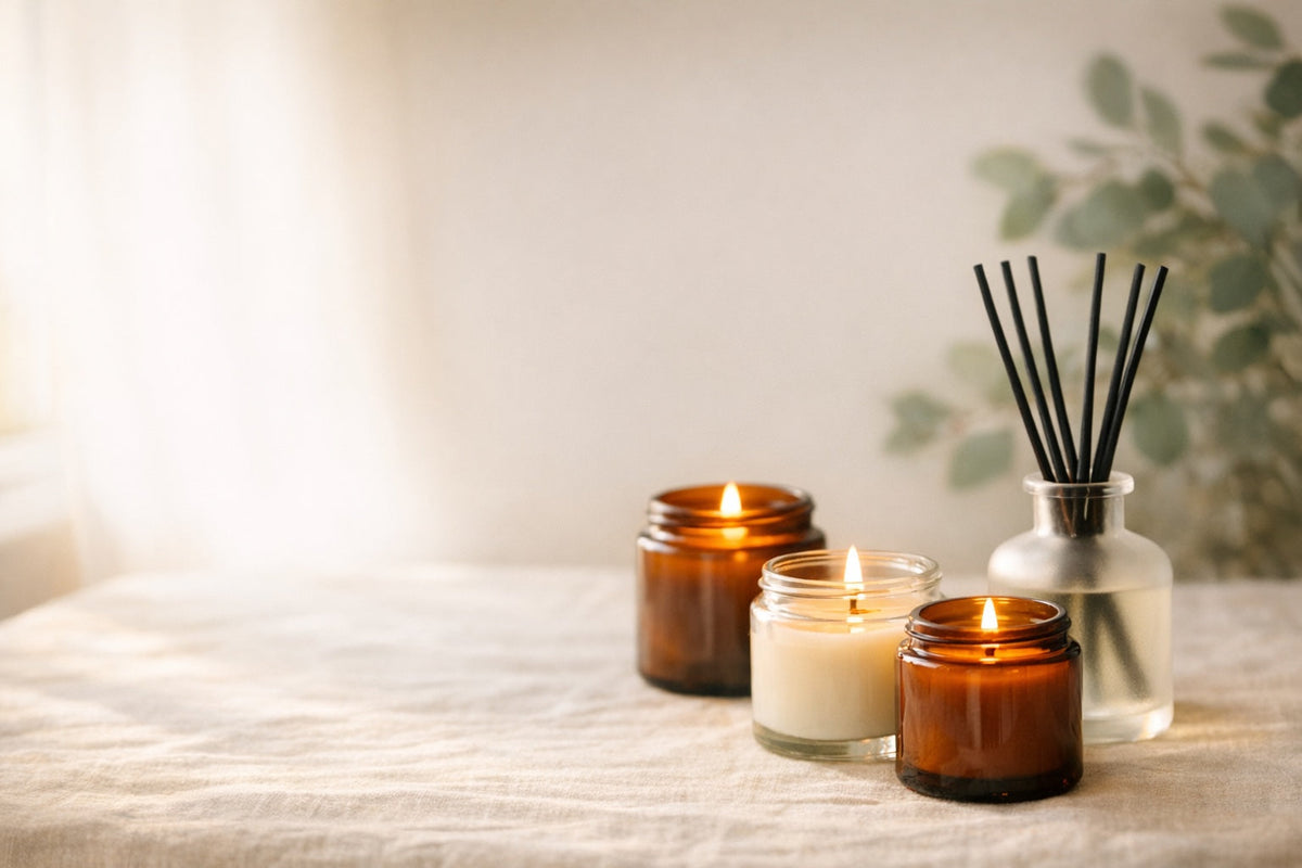 Homepage hero - candles and diffuser on linen